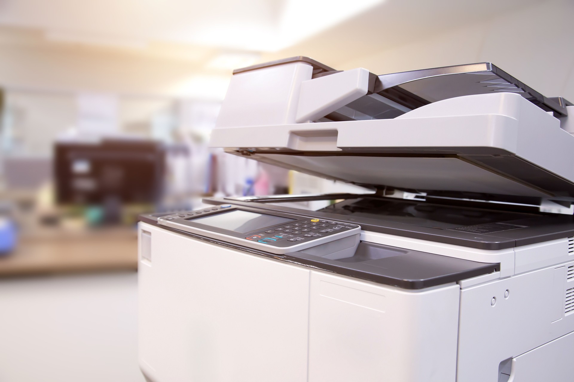 The photocopier or printer is office work tool equipment for scanning document and copy paper.